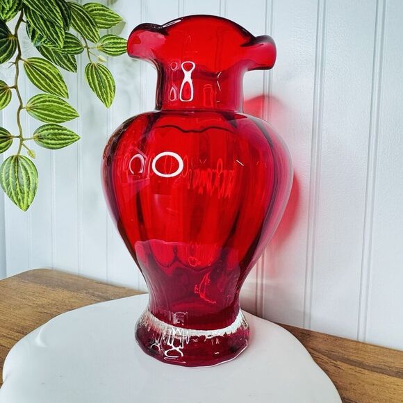 Vintage Ruby Red Glass Vase Bowl Ruffled Ribbed Melon Heavy BEAUTIFUL 9.25” - Picture 2 of 11